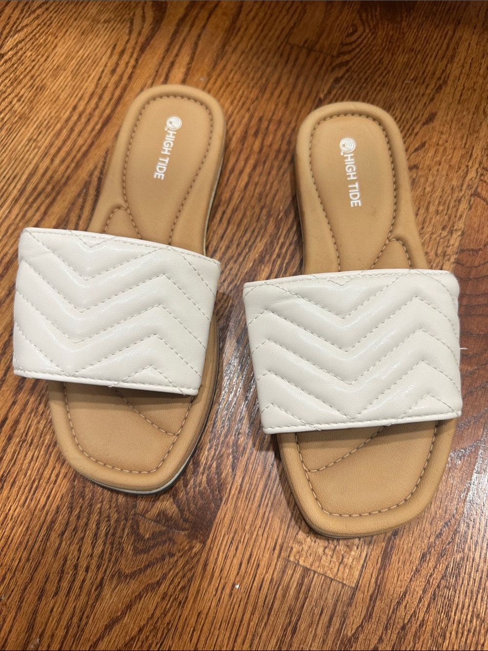 High Tide Women's Cream Quilted Slide Sandals with Cushioned Tan Footbed
